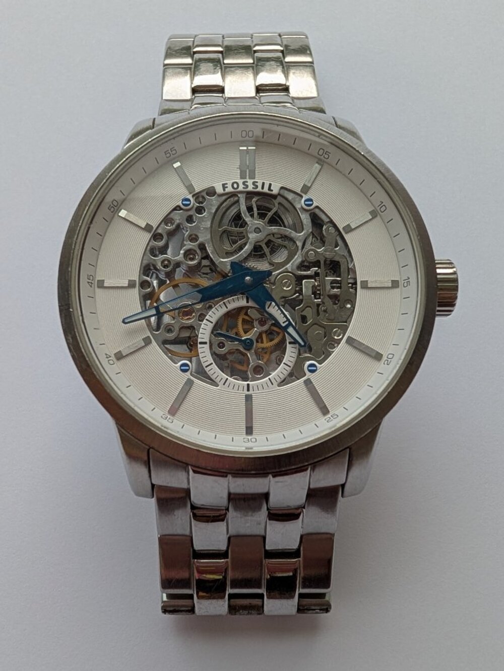 Fossil Mens Watch Skeleton Stainless Steel, Automatic, Blue & Gold Tone Accents